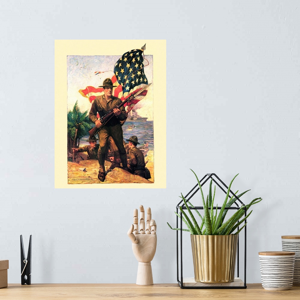 A bohemian room featuring Marines with American Flag - Vintage Marines Poster