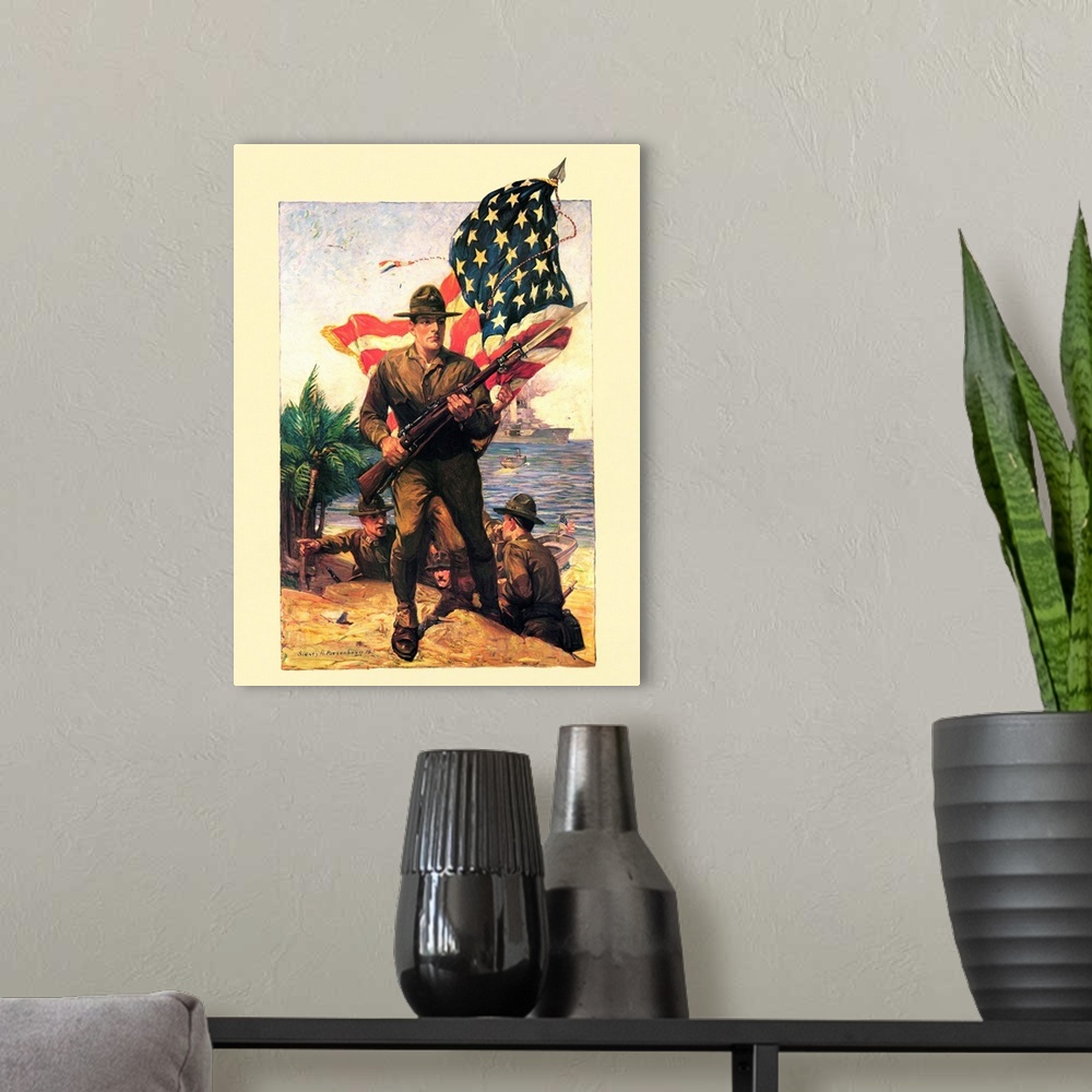 A modern room featuring Marines with American Flag - Vintage Marines Poster