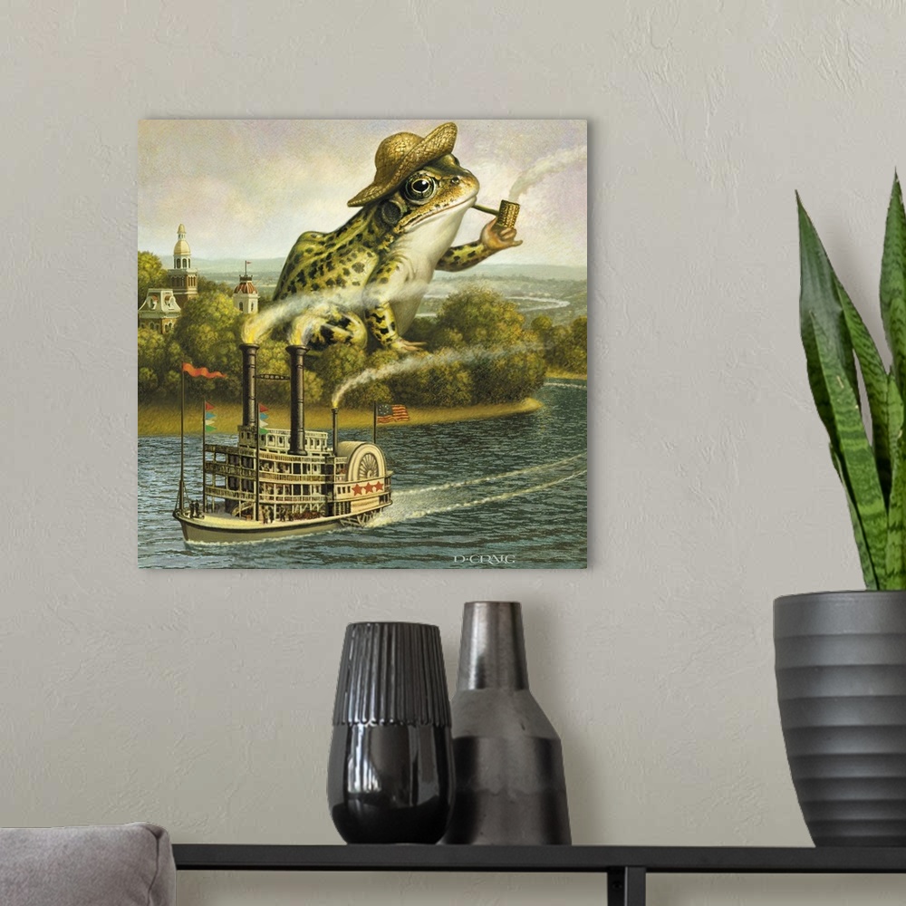 A modern room featuring Giant frog smoking a pipe near a river with steamboat.