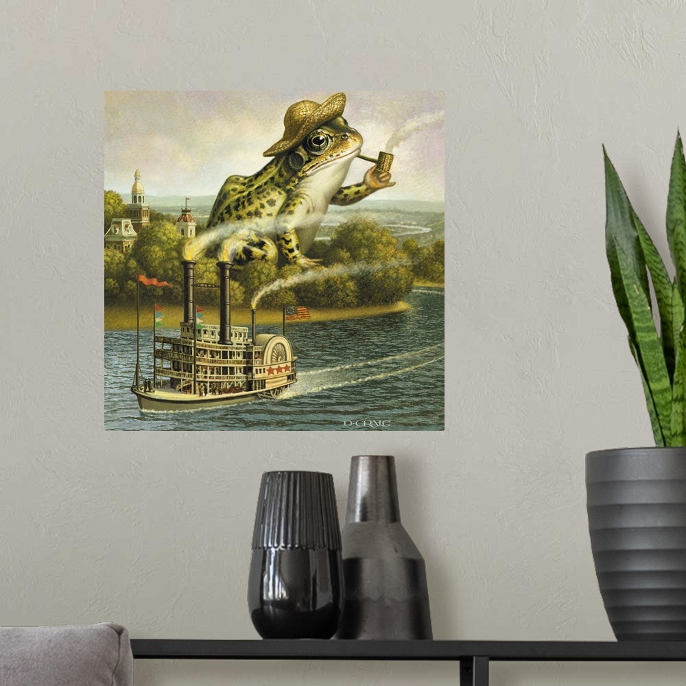 A modern room featuring Giant frog smoking a pipe near a river with steamboat.