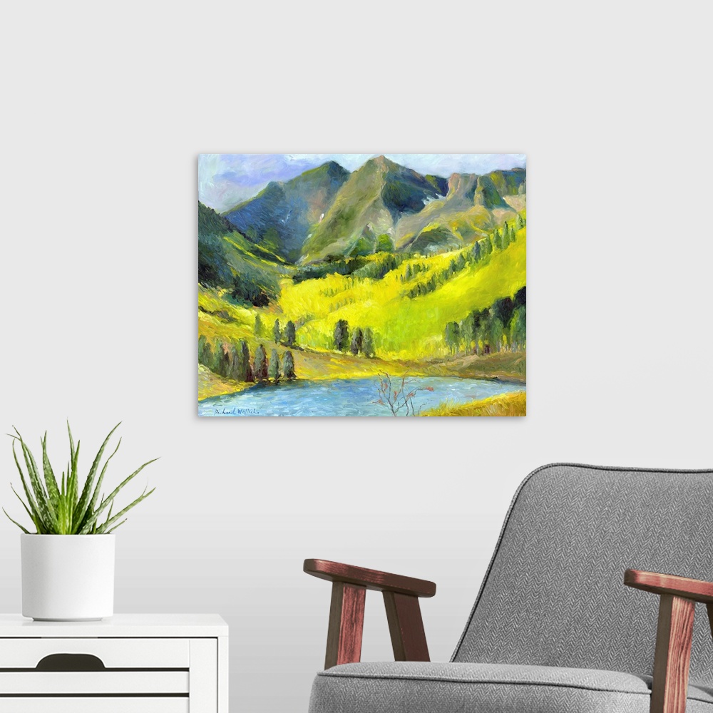 A modern room featuring Green mountainous valley.