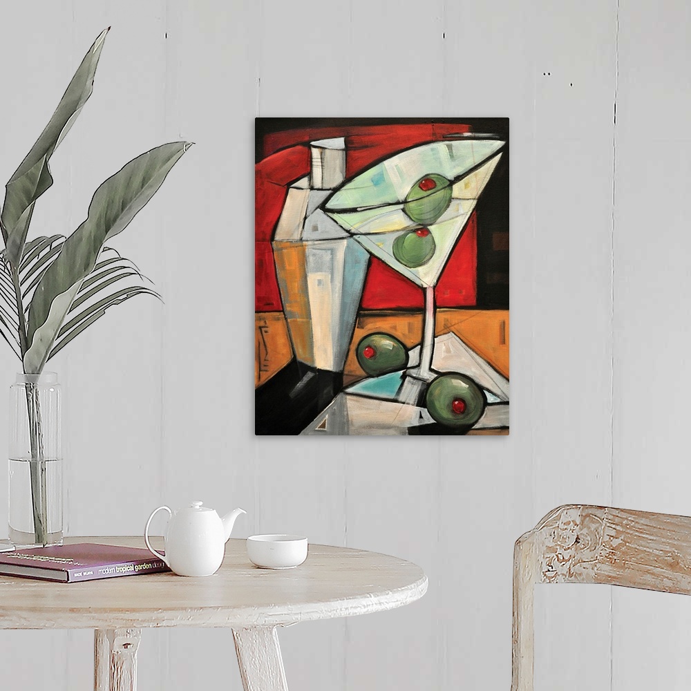 A farmhouse room featuring Large, portrait, contemporary painting of a martini in a glass with two olives in it and two oliv...