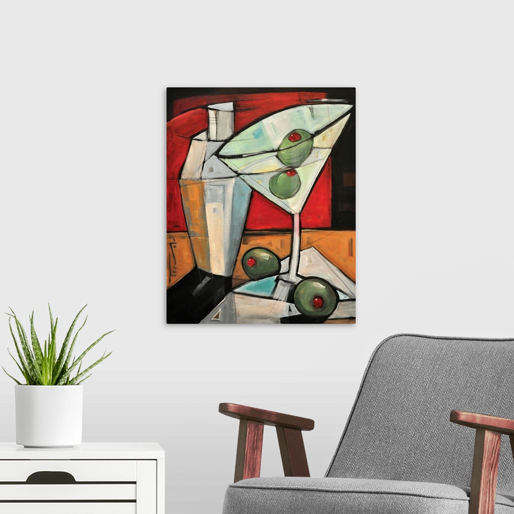 A modern room featuring Large, portrait, contemporary painting of a martini in a glass with two olives in it and two oliv...