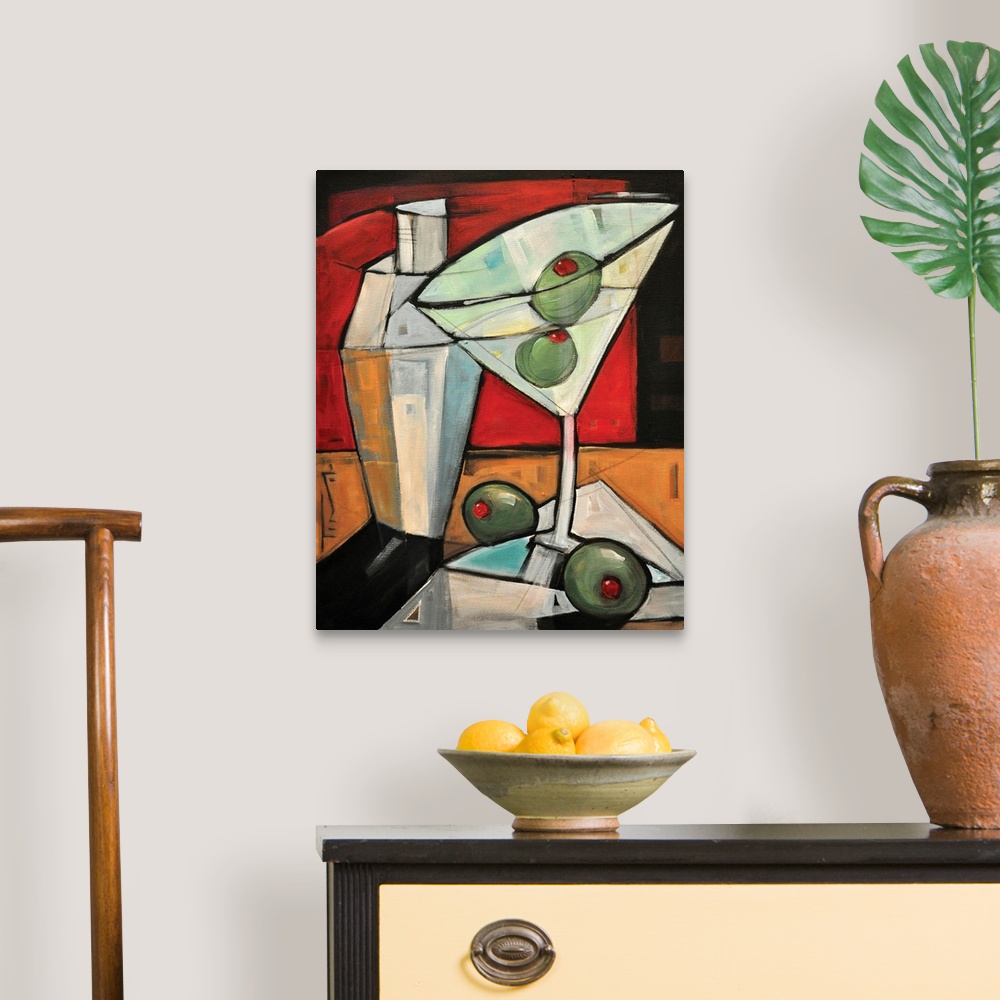 A traditional room featuring Large, portrait, contemporary painting of a martini in a glass with two olives in it and two oliv...