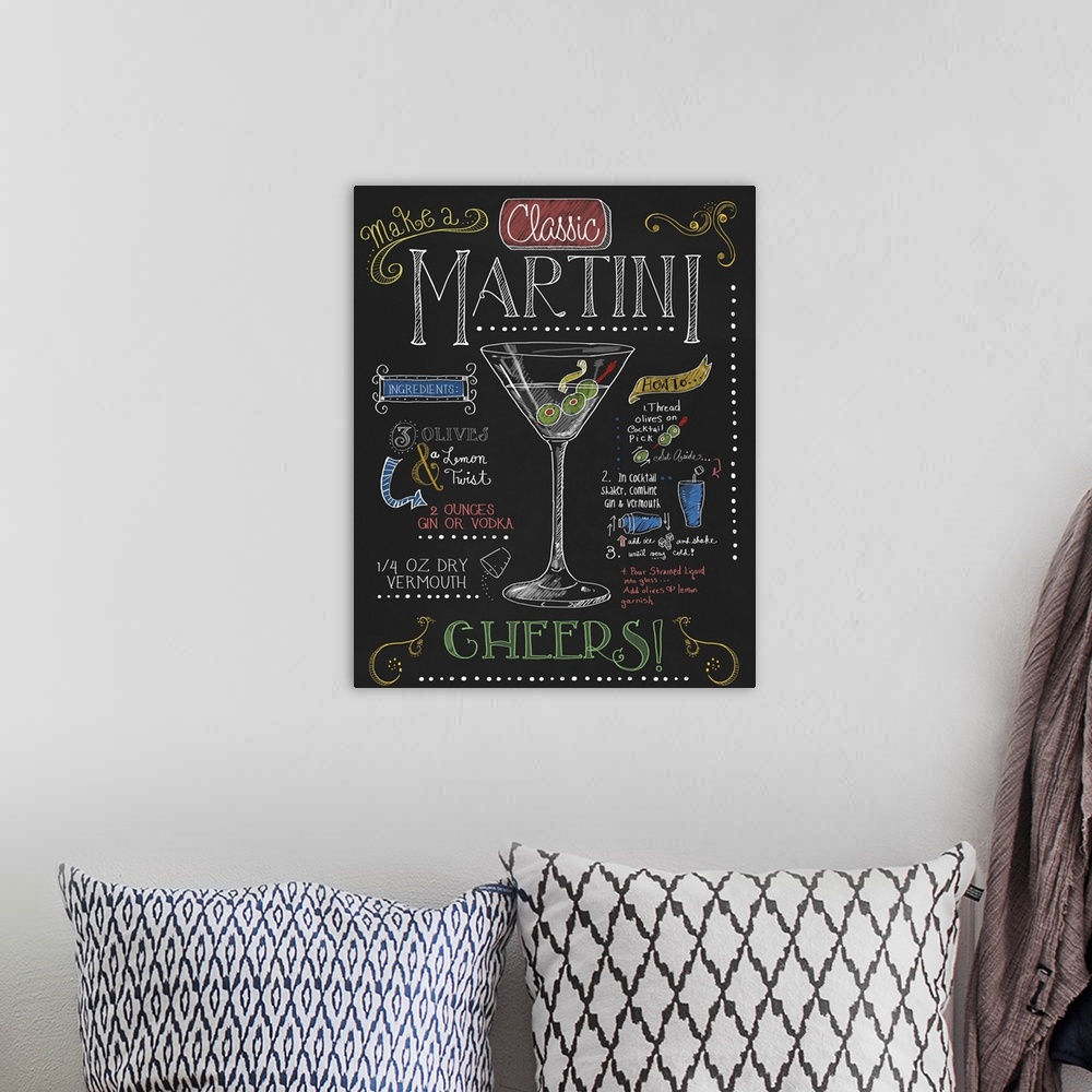 A bohemian room featuring Chalkboard-style sign with instructions and ingredients for making a martini.