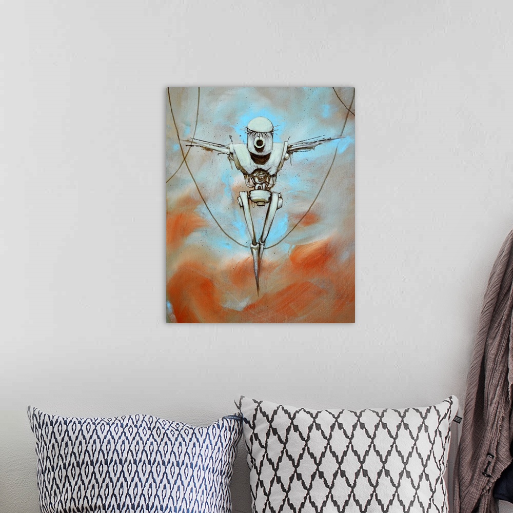 A bohemian room featuring Illustration of a robot hanging from cords.