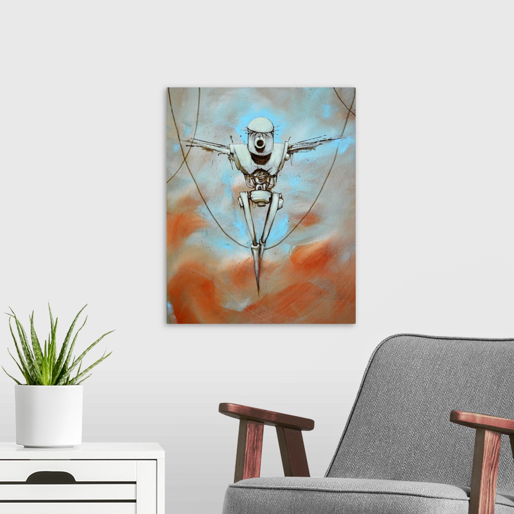 A modern room featuring Illustration of a robot hanging from cords.
