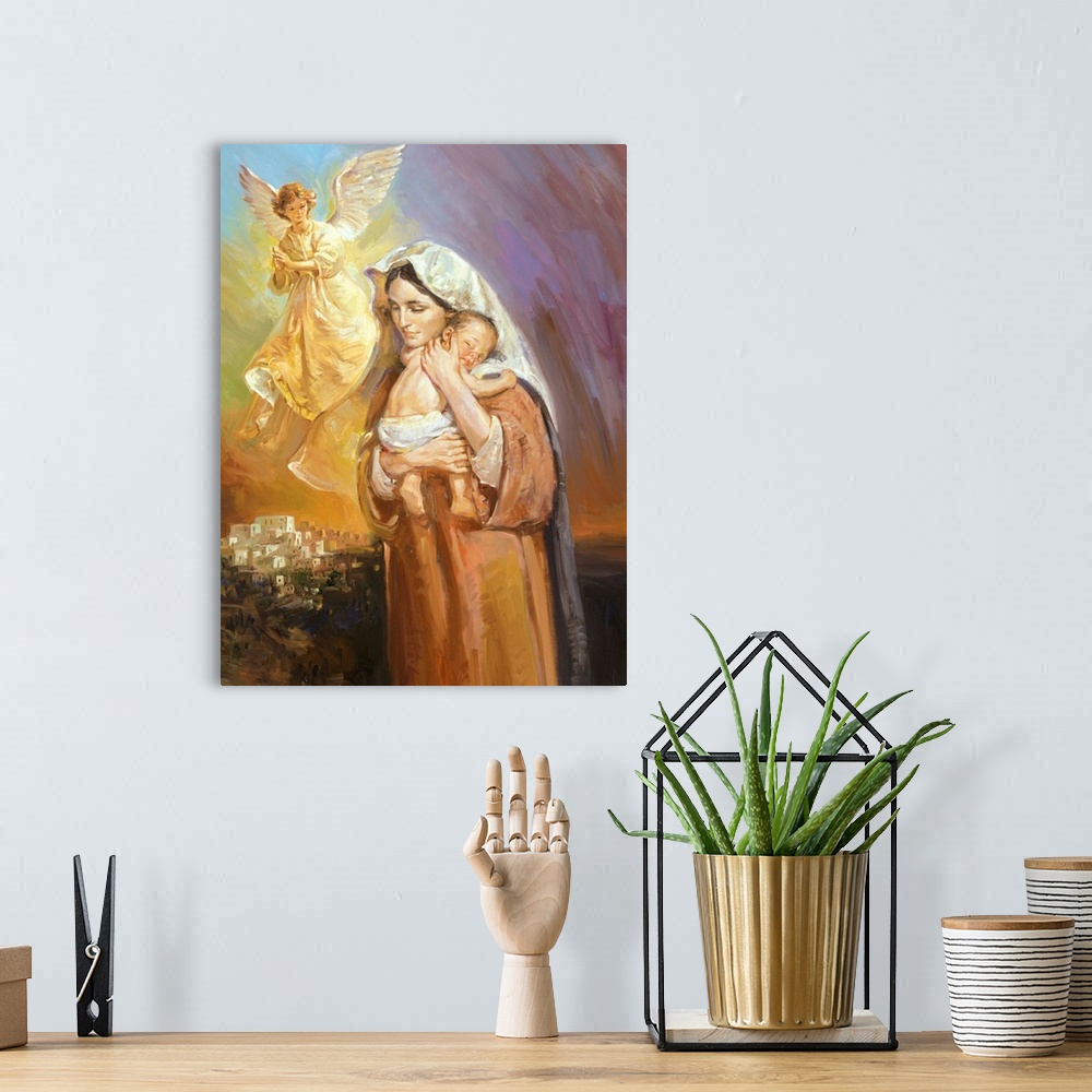A bohemian room featuring Mary, holding Jesus to her breast.  An angel is seen watching over them.