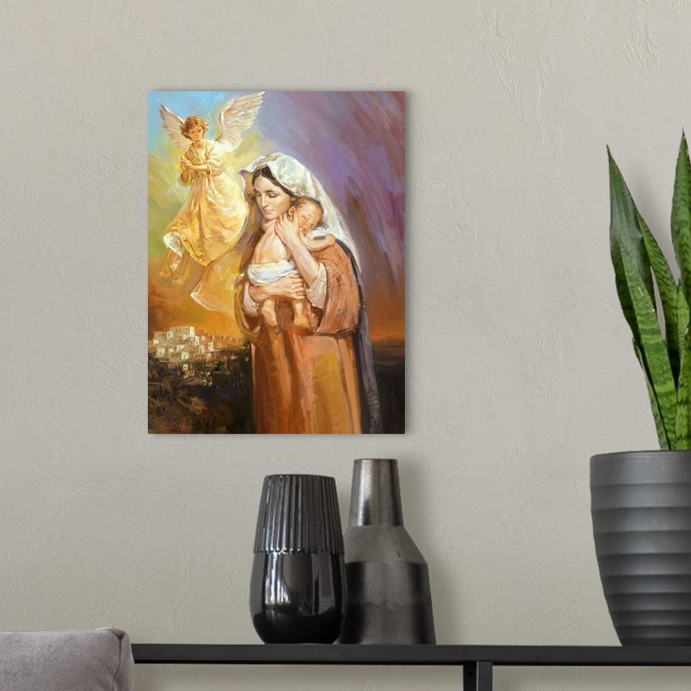 A modern room featuring Mary, holding Jesus to her breast.  An angel is seen watching over them.