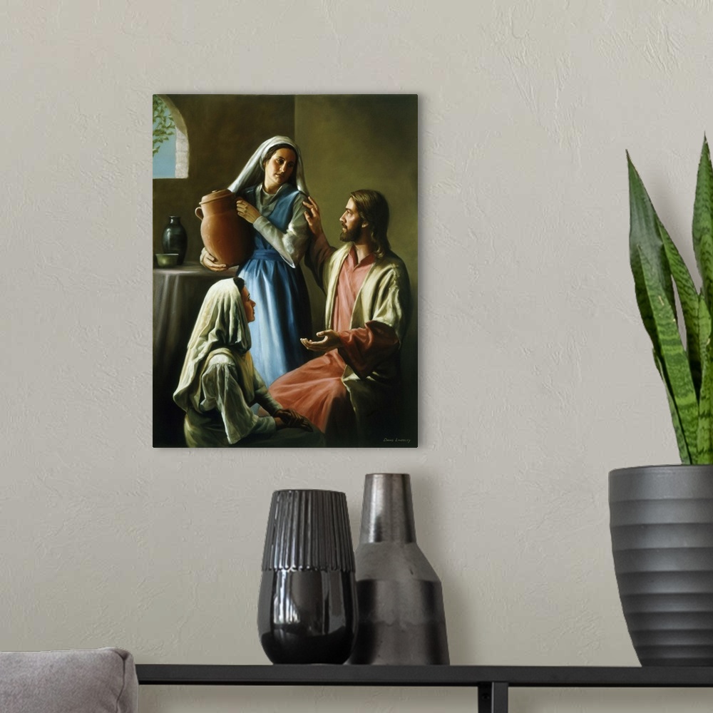 A modern room featuring Jesus talking with Mary and Martha.