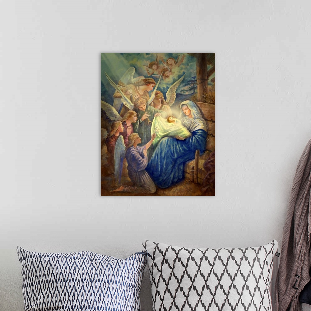 A bohemian room featuring Mary and Newborn Jesus