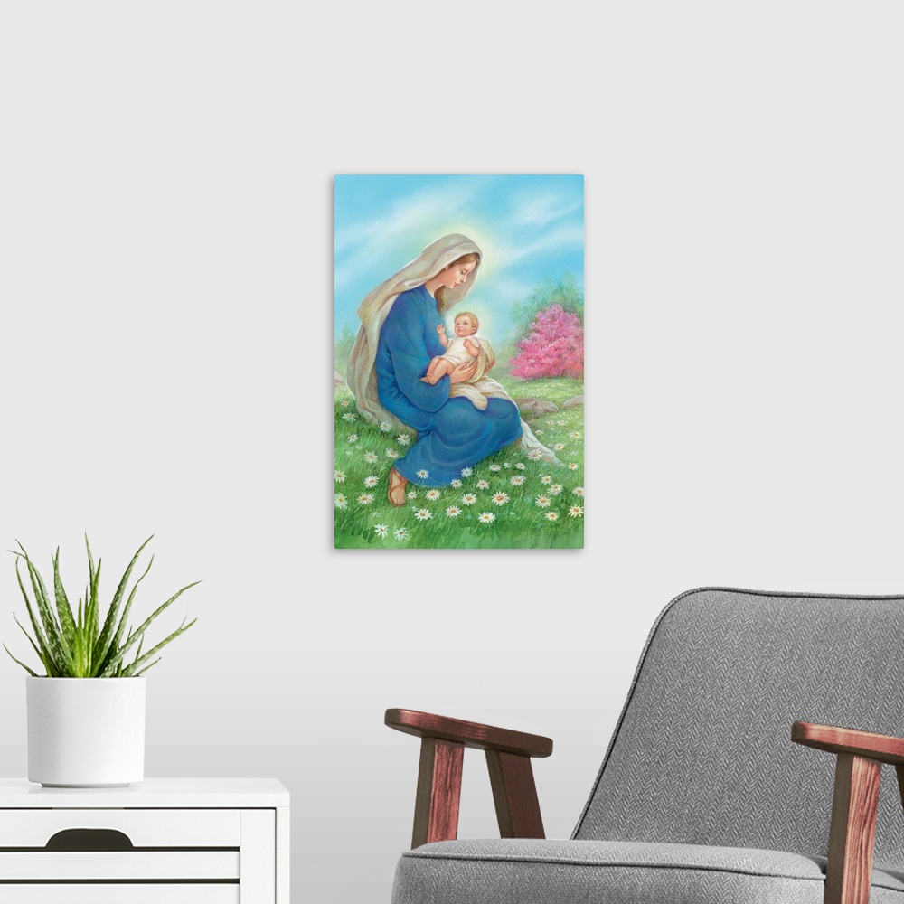A modern room featuring Mary holding baby Jesus