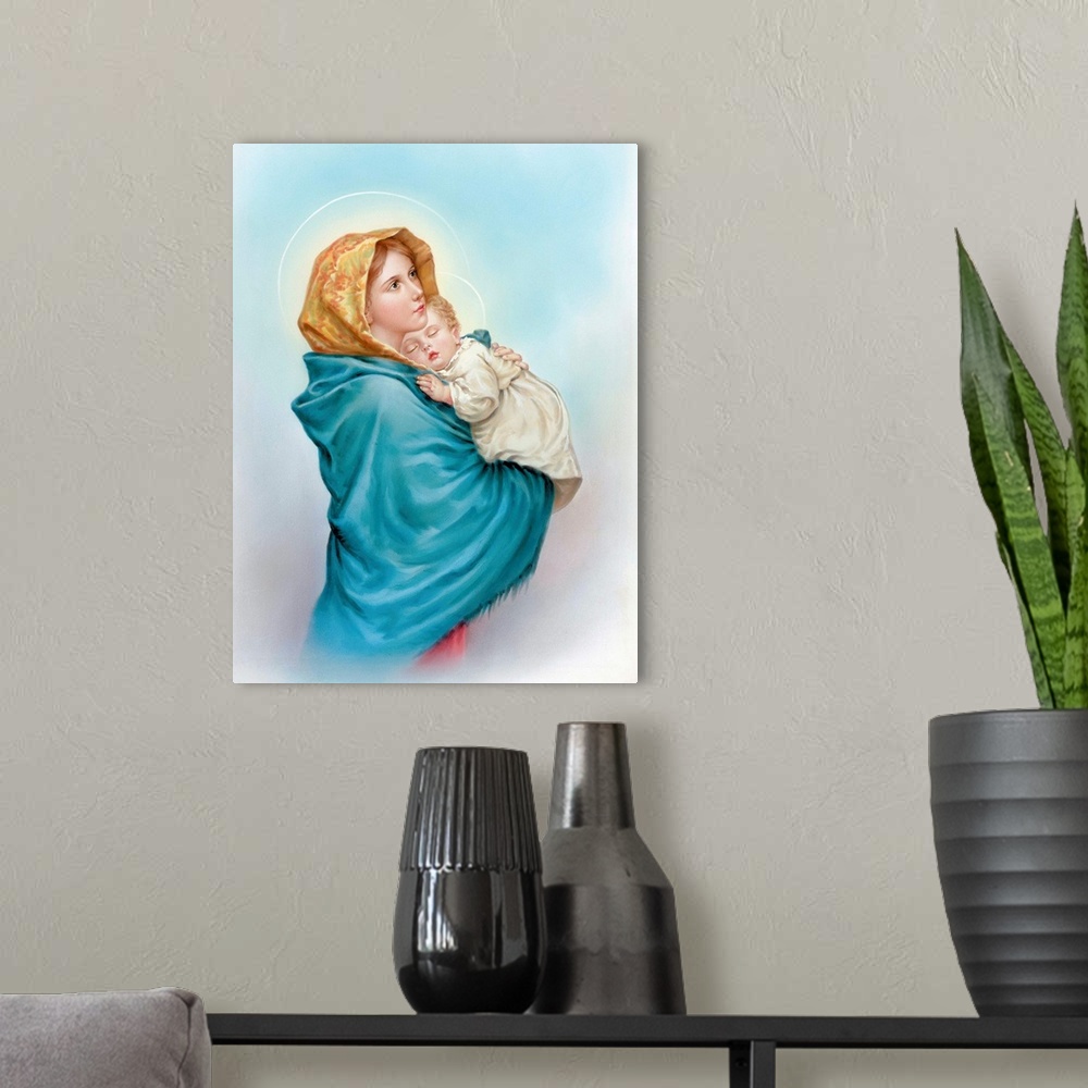 A modern room featuring Mary holding Jesus