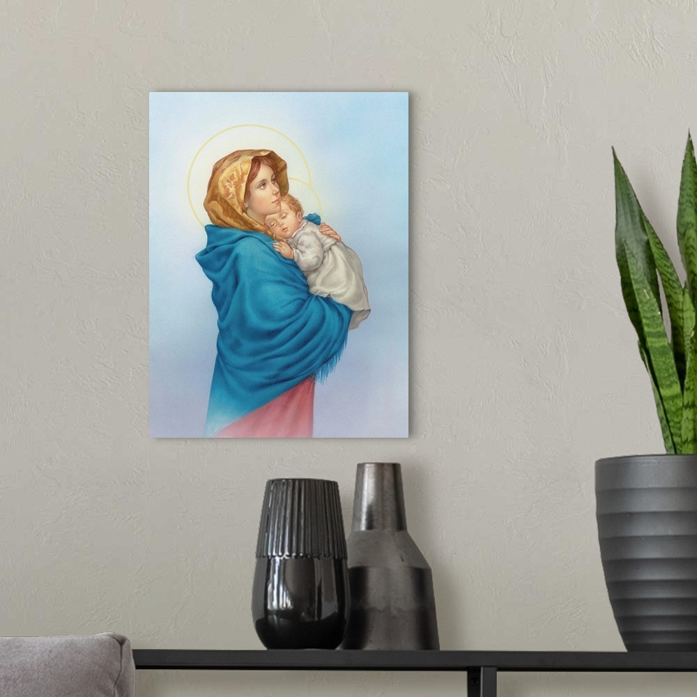 A modern room featuring Mary holding Jesus