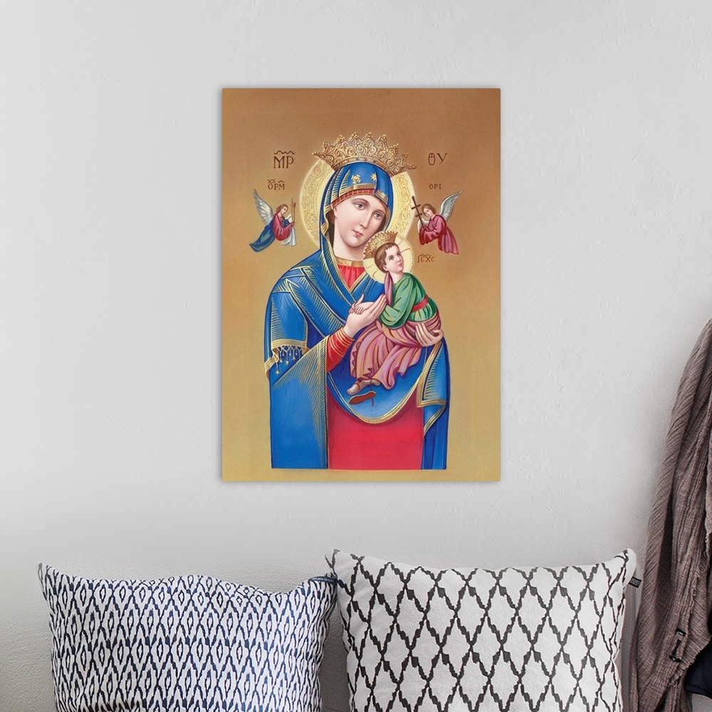 A bohemian room featuring Mary holding Jesus with angels flying around