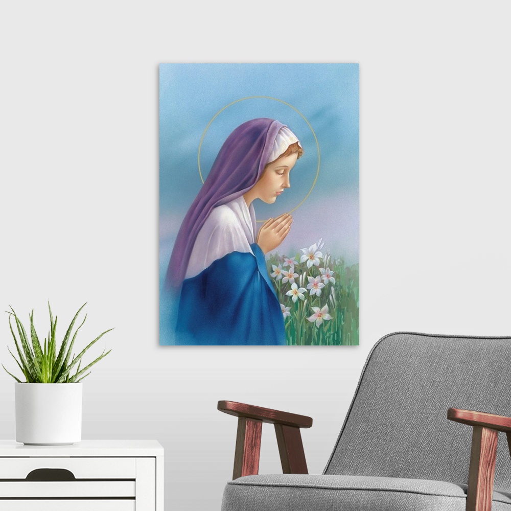 A modern room featuring Mary praying