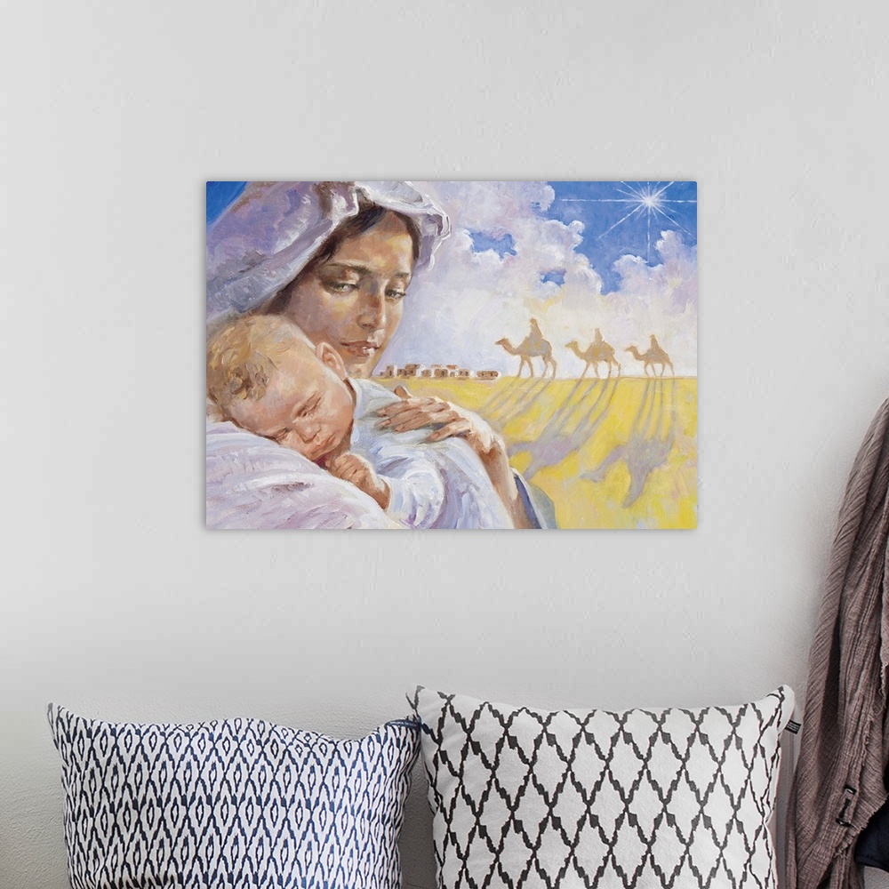 A bohemian room featuring Mary holding Jesus
