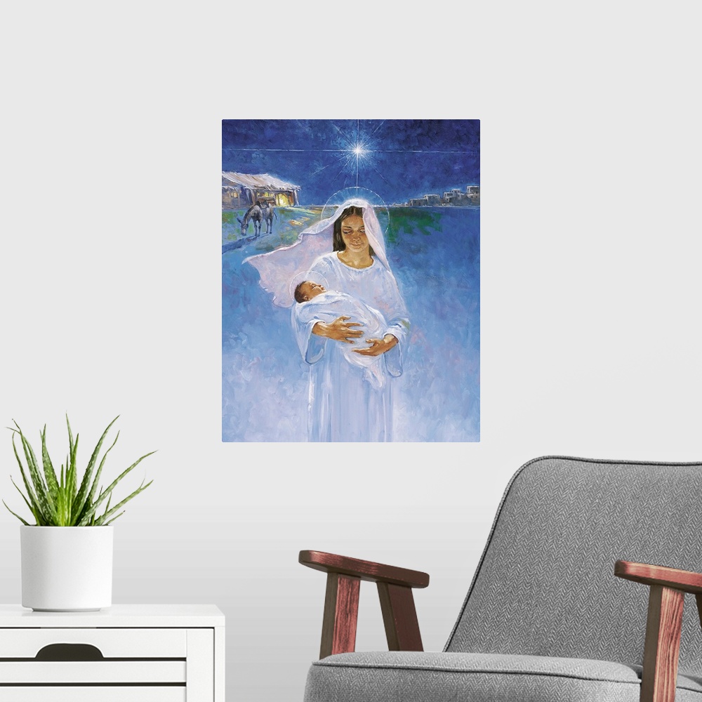 A modern room featuring Mary is pictured holding Jesus, the manger in which he was born is pictured in the background, as...