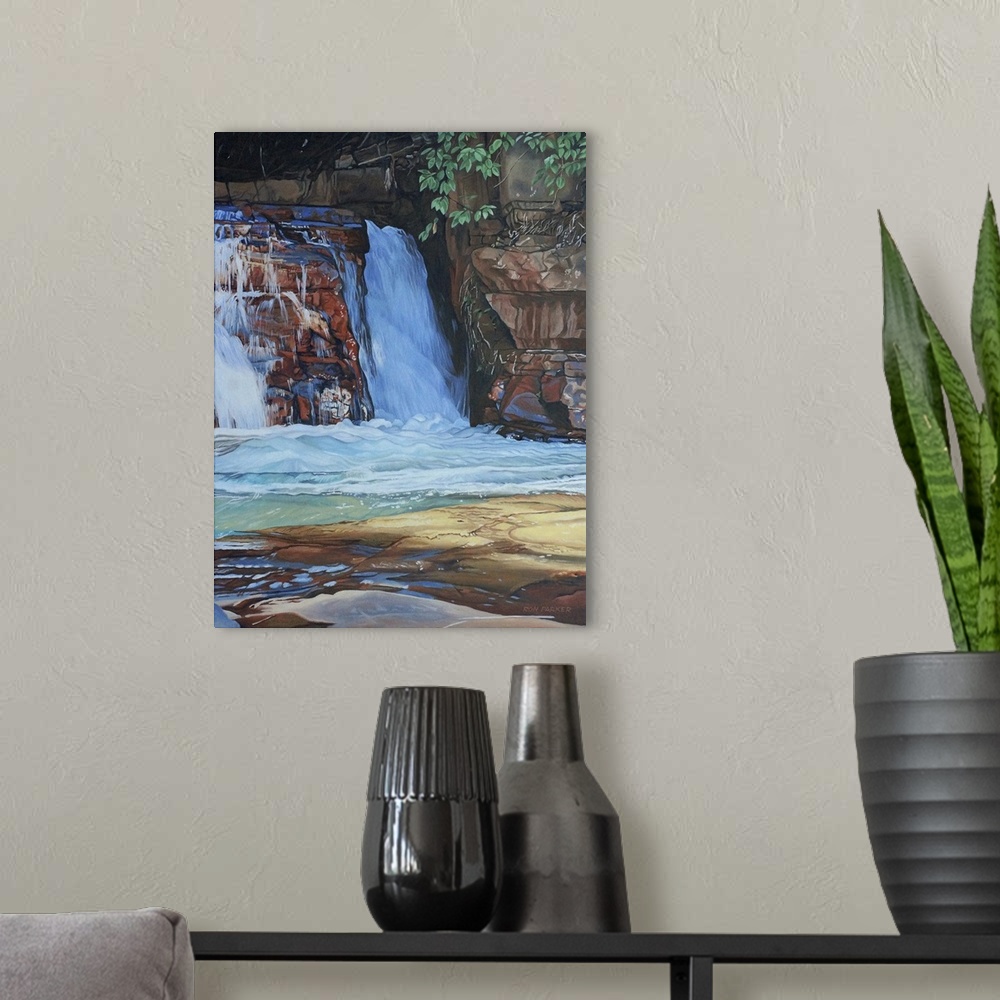 A modern room featuring Contemporary painting of a small waterfall pouring from rocks in a forest.