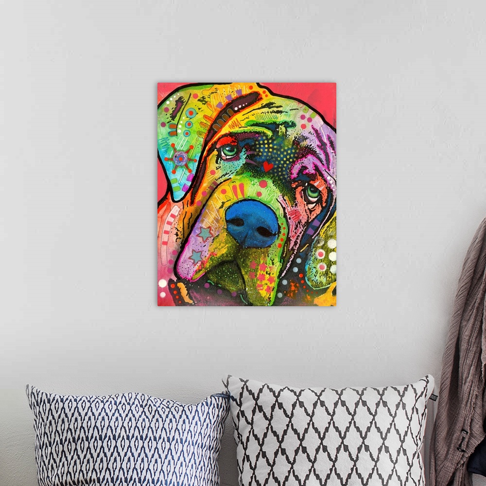 A bohemian room featuring Colorful painting of a Mastiff with abstract markings on a red background.