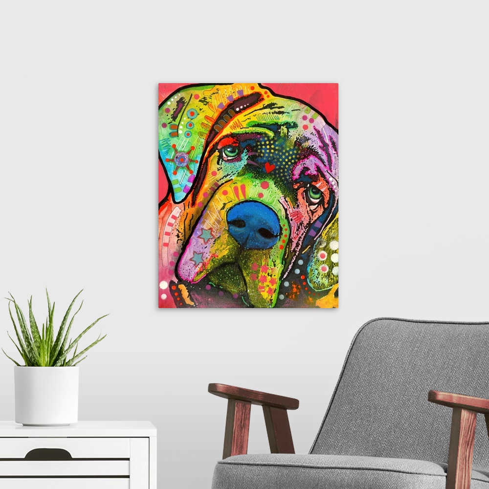 A modern room featuring Colorful painting of a Mastiff with abstract markings on a red background.