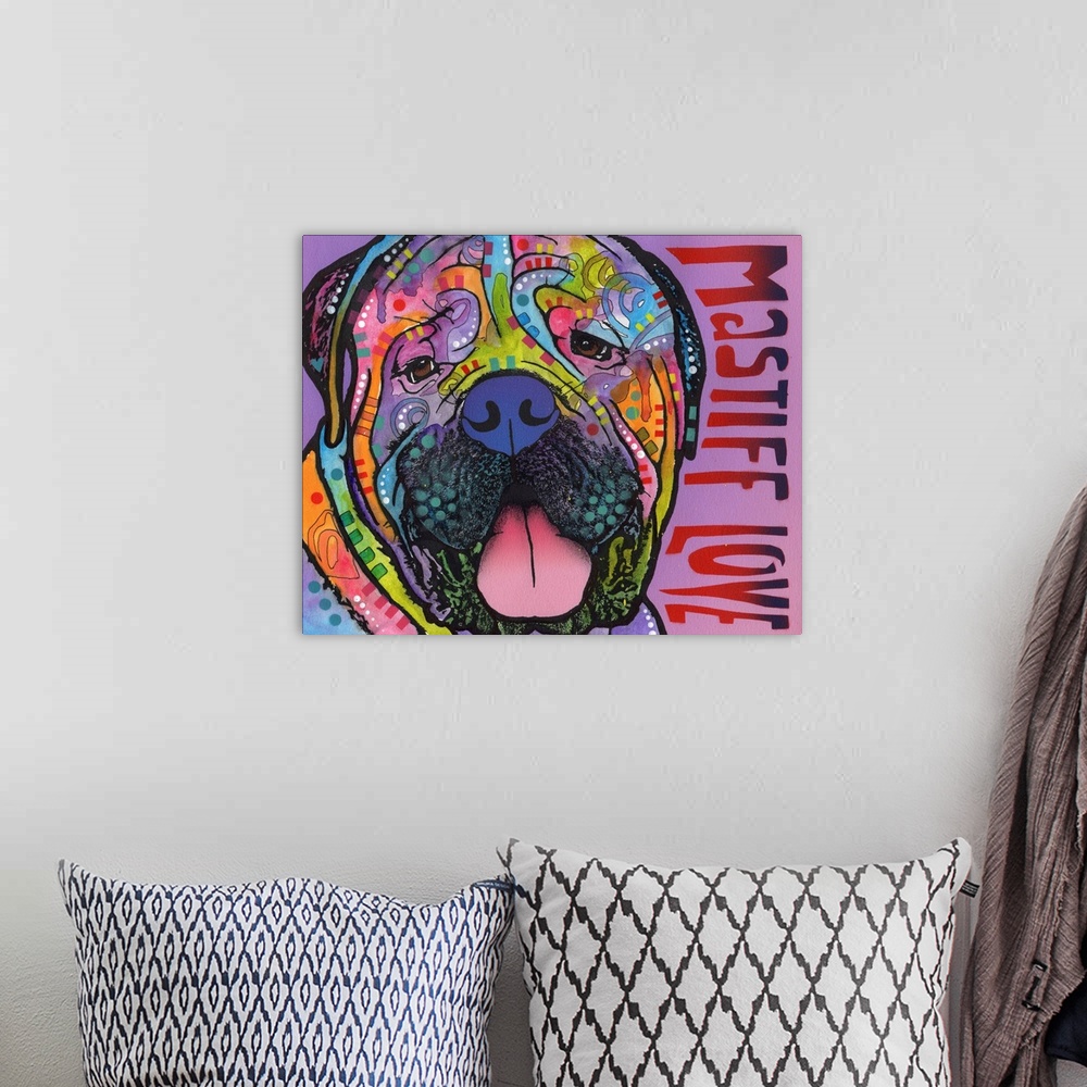 A bohemian room featuring Colorful painting of a Mastiff with graffiti-like designs on a pink and purple background with "M...