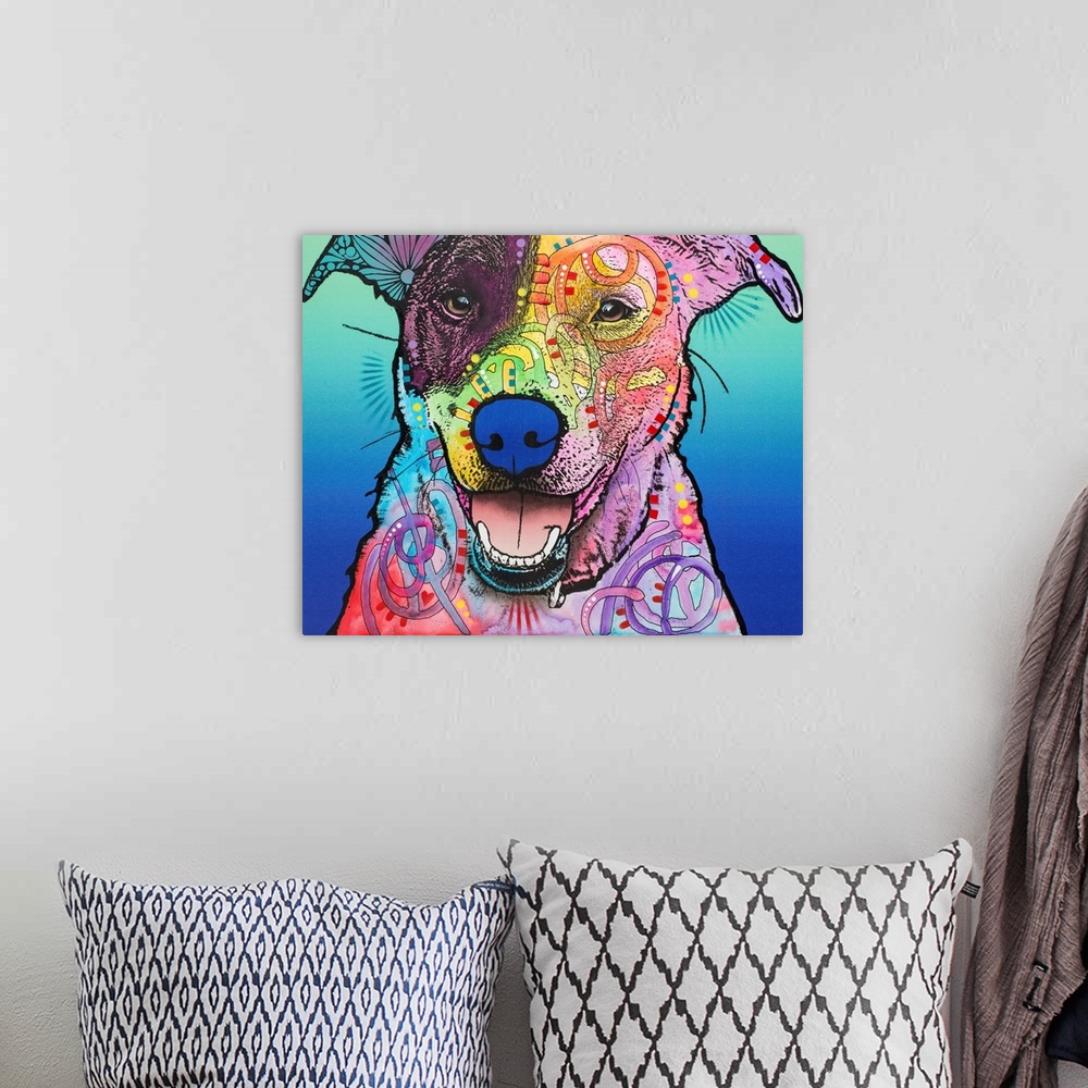 A bohemian room featuring Pop art style painting of a happy mutt with colorful abstract designs on a blue gradient background.