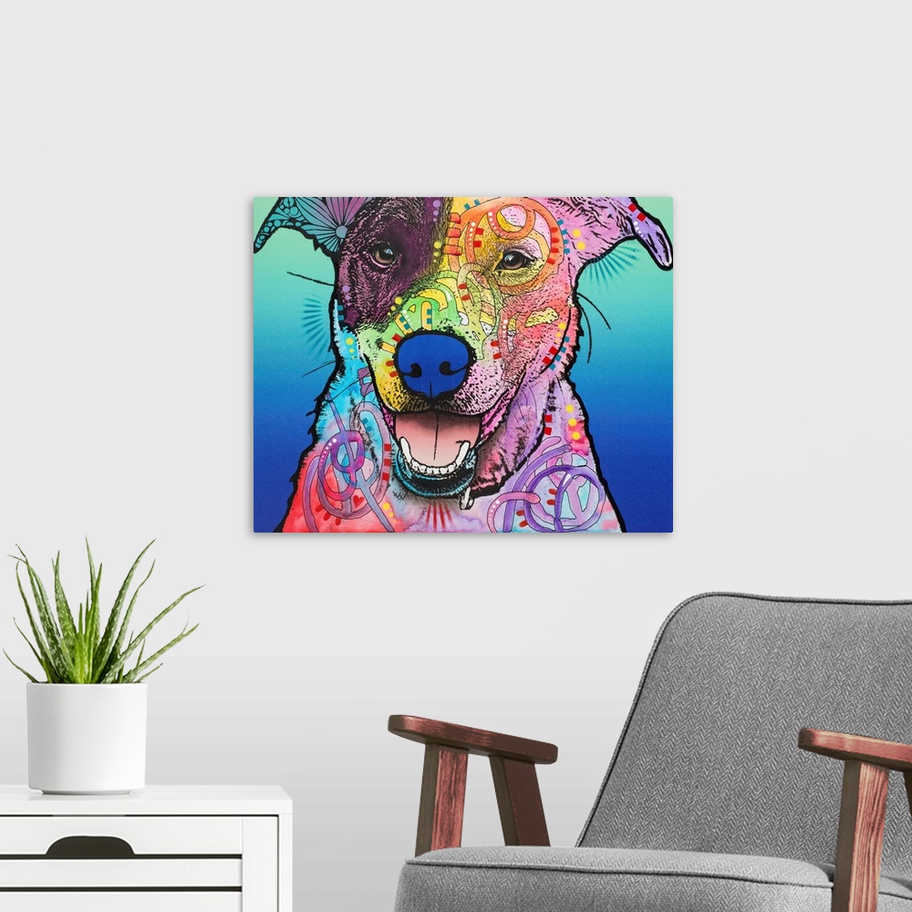 A modern room featuring Pop art style painting of a happy mutt with colorful abstract designs on a blue gradient background.