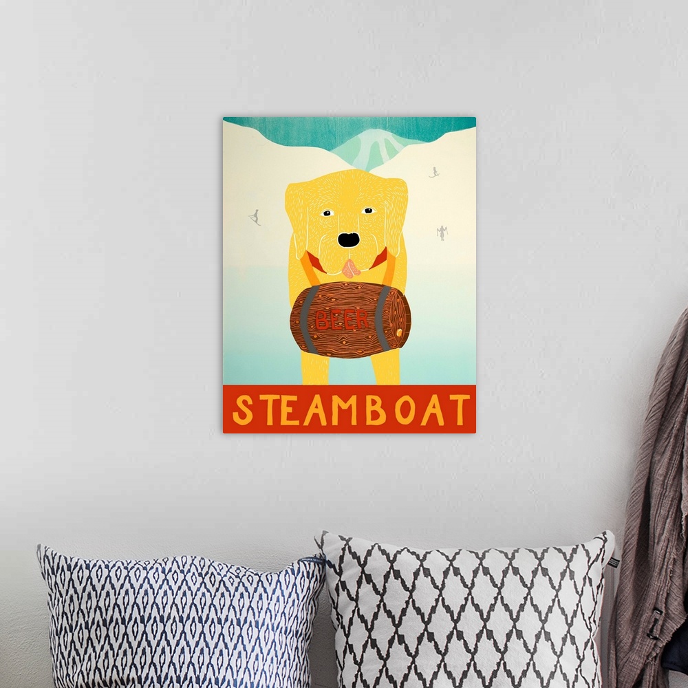 A bohemian room featuring Illustration of a yellow lab with a barrel of beer around its neck on the ski slopes with "Steamb...