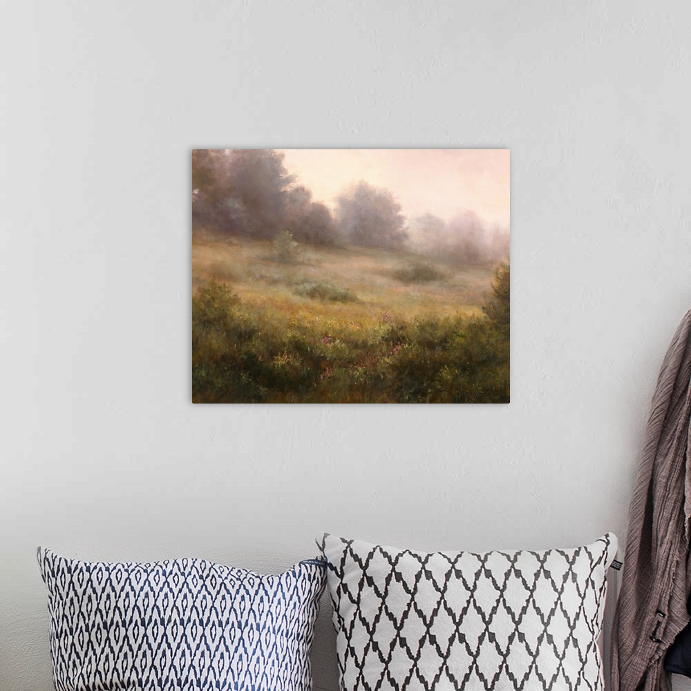 A bohemian room featuring Contemporary painting of an idyllic countryside shrouded in a light haze.