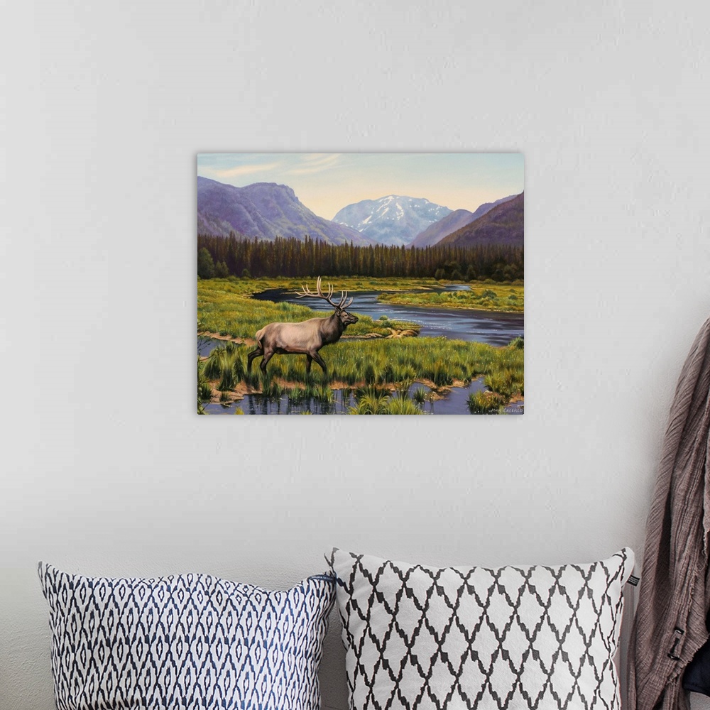 A bohemian room featuring Two elk in a valley, trees, mountains