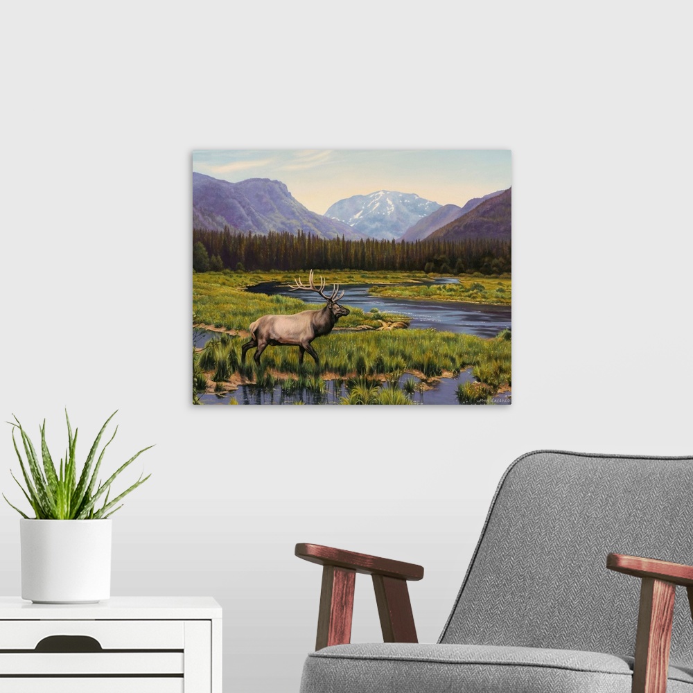 A modern room featuring Two elk in a valley, trees, mountains