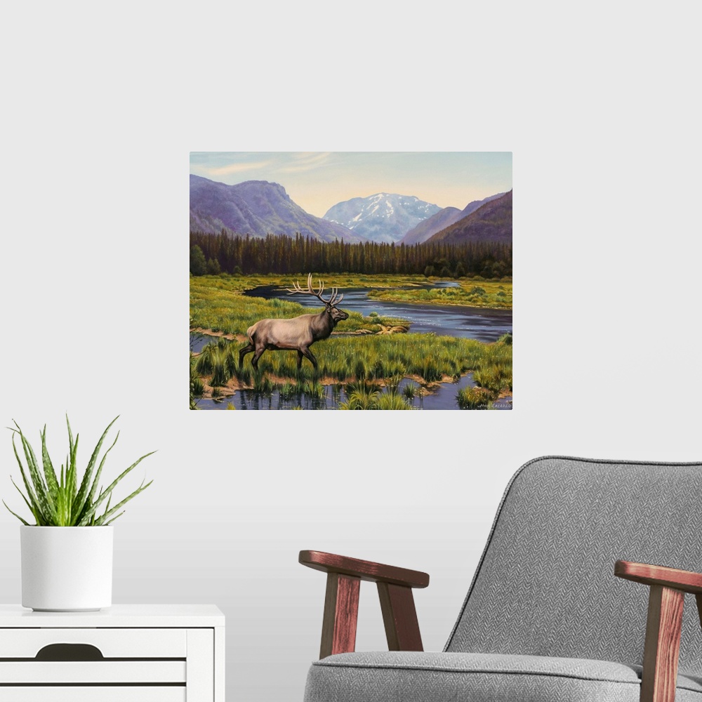 A modern room featuring Two elk in a valley, trees, mountains