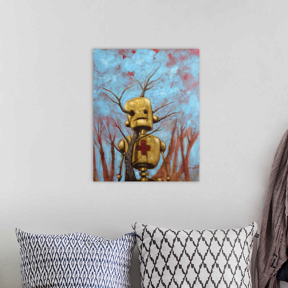 A bohemian room featuring Illustration of a robot with a red cross on its chest and a tree growing through its head.