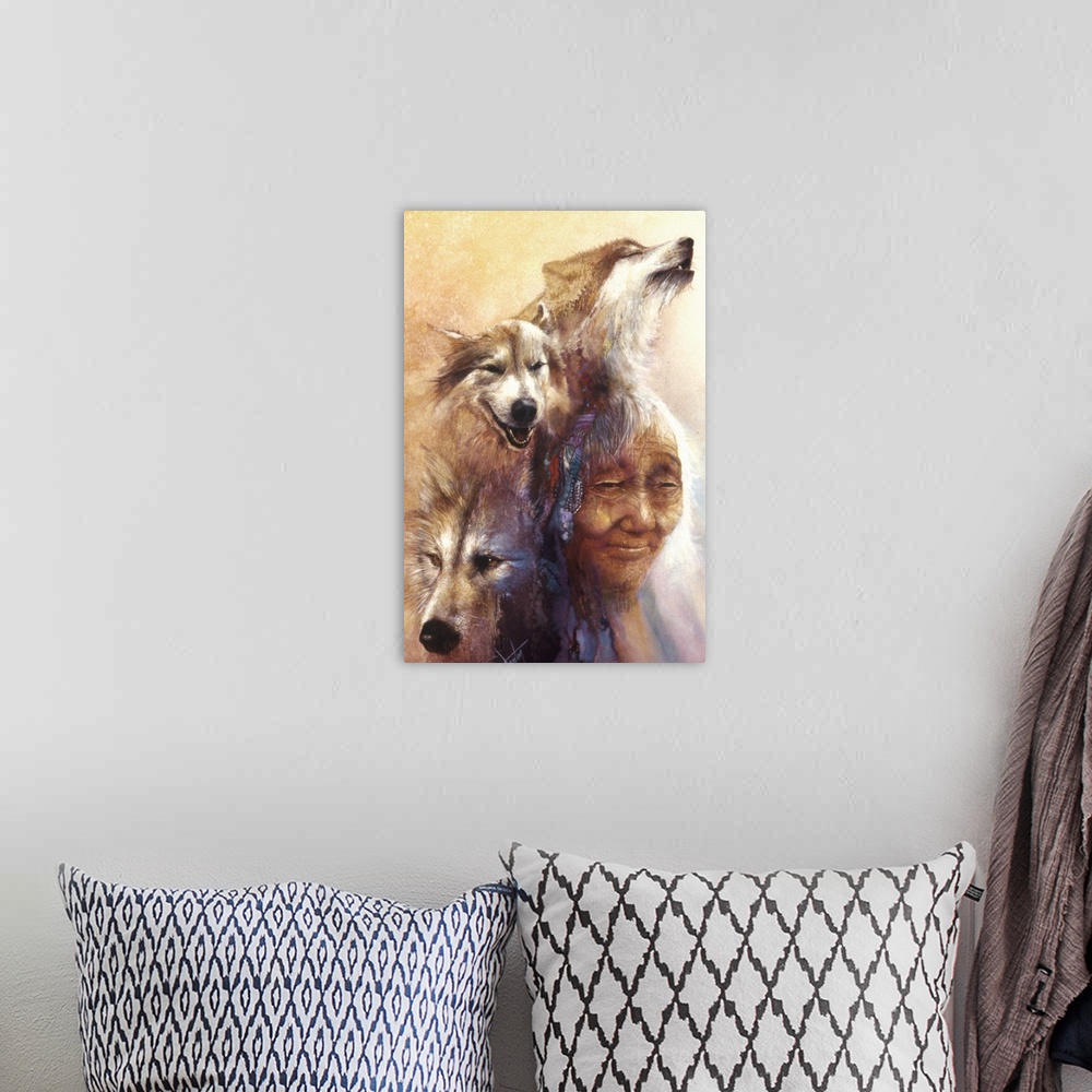 A bohemian room featuring A contemporary painting of an elderly woman surrounded by three images of wolves.