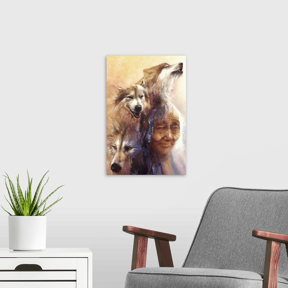 A modern room featuring A contemporary painting of an elderly woman surrounded by three images of wolves.