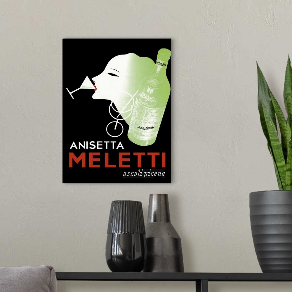 A modern room featuring Vintage poster advertisement for Meletti Anisette.