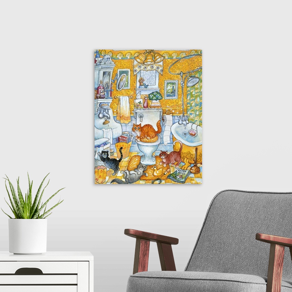 A modern room featuring Cats in yellow bathroom.