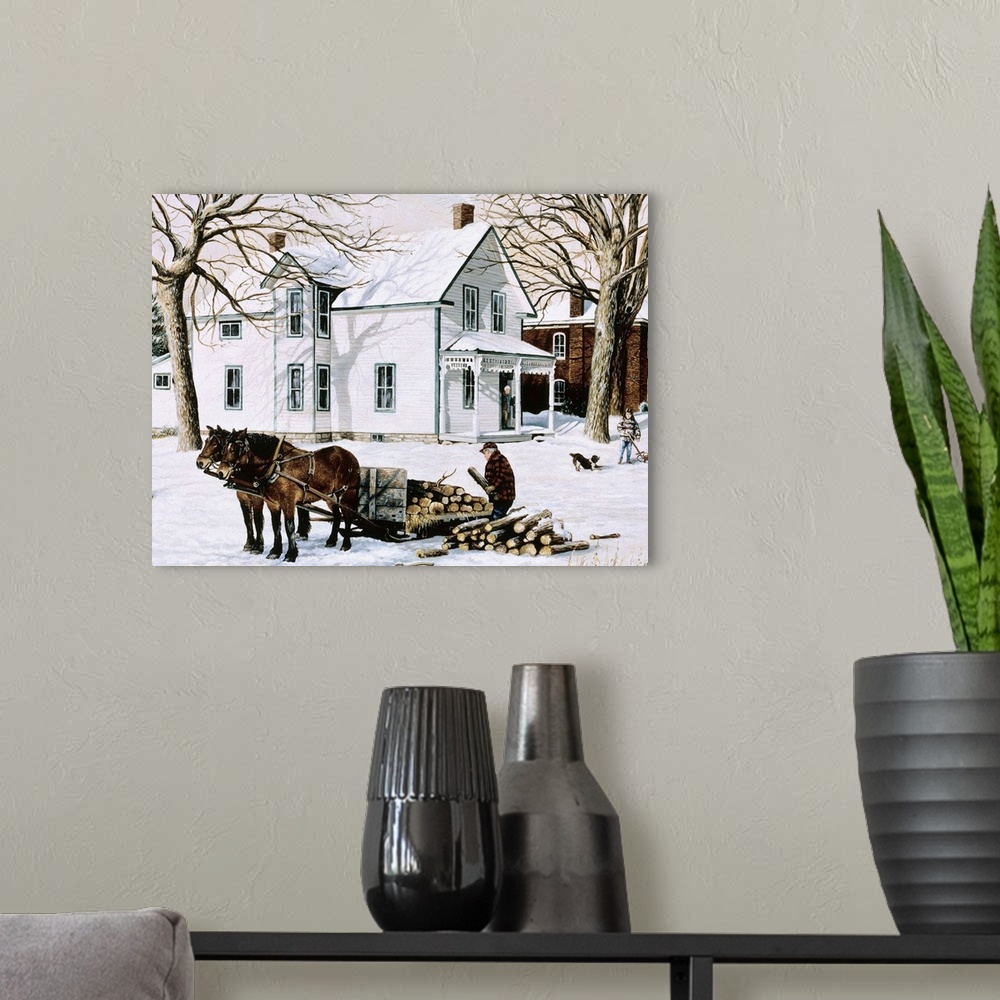 A modern room featuring Contemporary artwork of a man on a sleigh full of logs and two horses near a house.