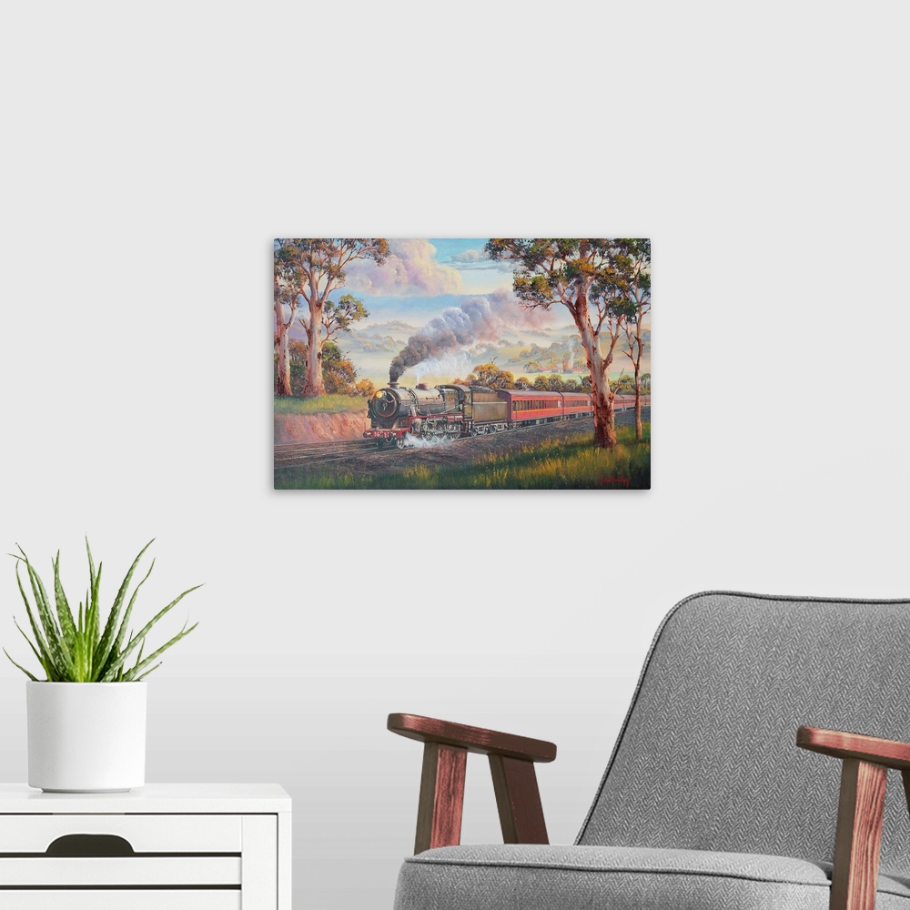 A modern room featuring Contemporary painting of a train passing through a countryside landscape.