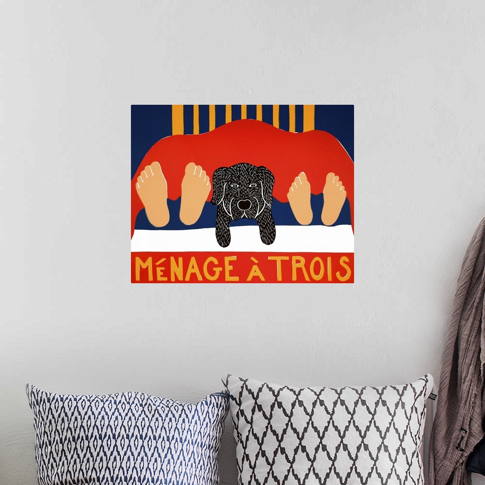 A bohemian room featuring Illustration of a black lab laying in the middle of its owners legs at the foot of the bed with t...