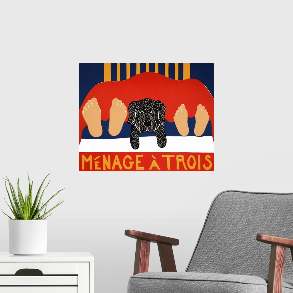 A modern room featuring Illustration of a black lab laying in the middle of its owners legs at the foot of the bed with t...