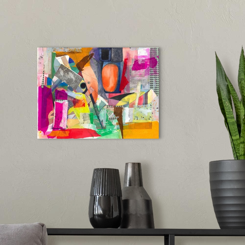 A modern room featuring A multi-layered collage piece in a contemporary abstract style with warm bright tones of orange a...