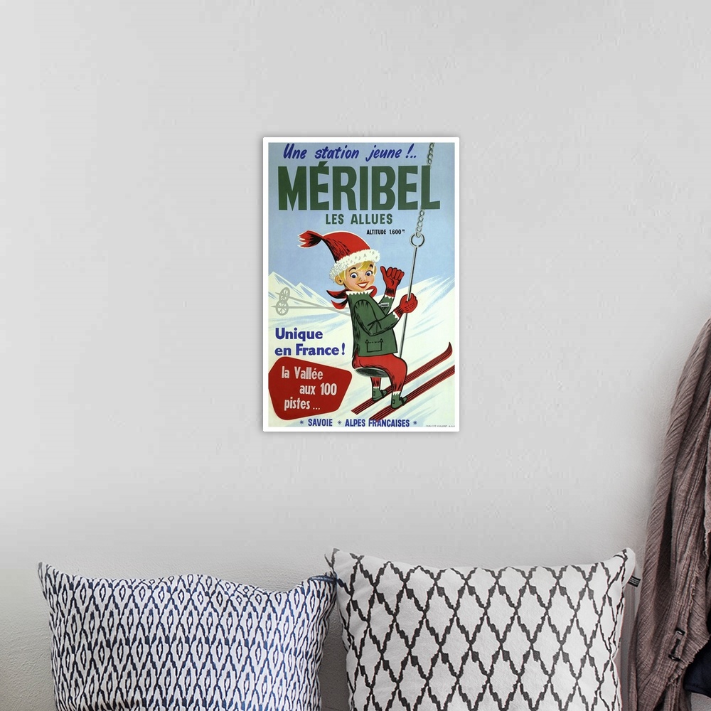 A bohemian room featuring Vintage advertisement artwork for Maribel Les Allues skiing.