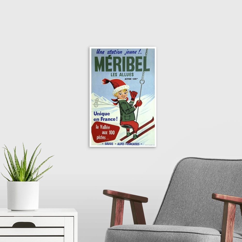 A modern room featuring Vintage advertisement artwork for Maribel Les Allues skiing.