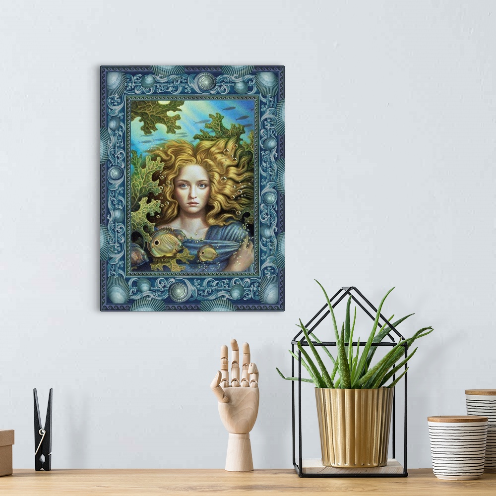 A bohemian room featuring Portrait of a mermaid underwater.