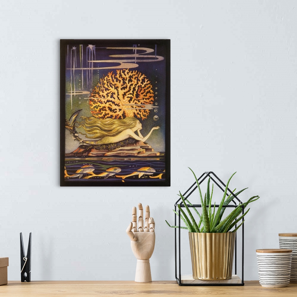 A bohemian room featuring A vintage illustration of a whimsical looking mermaid swimming beside a golden reef.