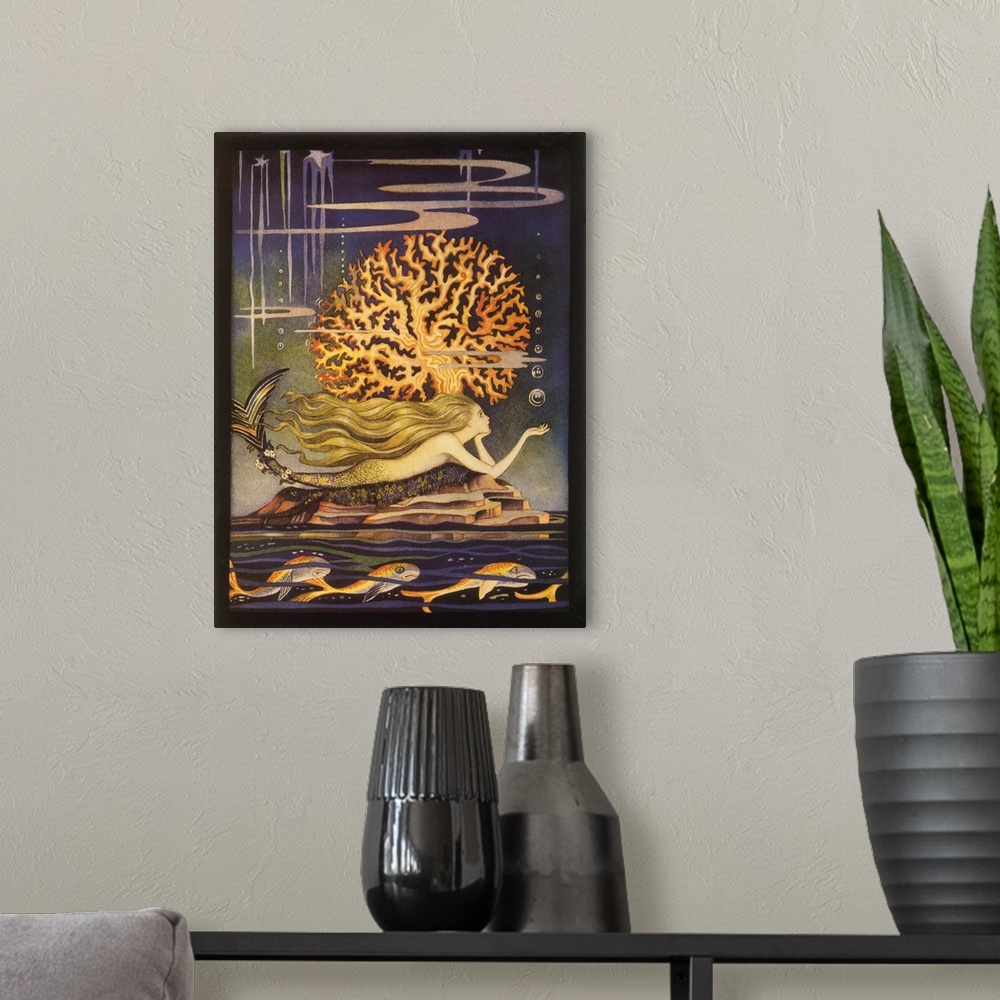 A modern room featuring A vintage illustration of a whimsical looking mermaid swimming beside a golden reef.