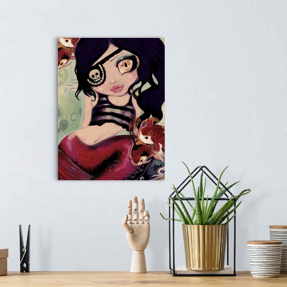 A bohemian room featuring Fantasy painting of a pirate mermaid with an eyepatch.