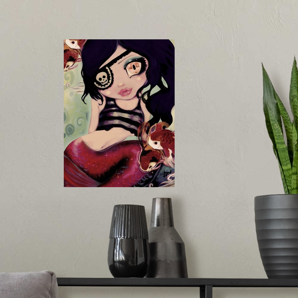 A modern room featuring Fantasy painting of a pirate mermaid with an eyepatch.